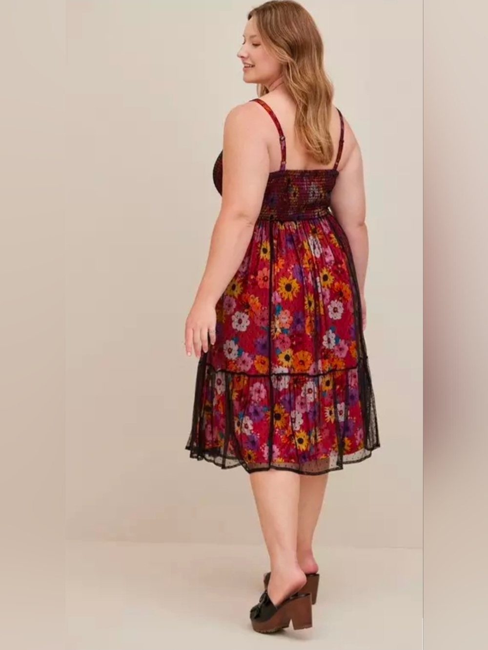 Torrid Smocked Tiered Midi Dress - Swiss Dot Mesh Floral Red 1X - Picture 4 of 11